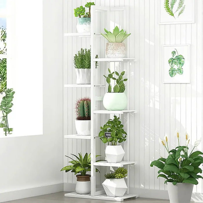 6 Tier White Vertical Bamboo Plant Stand - Furniture > Office