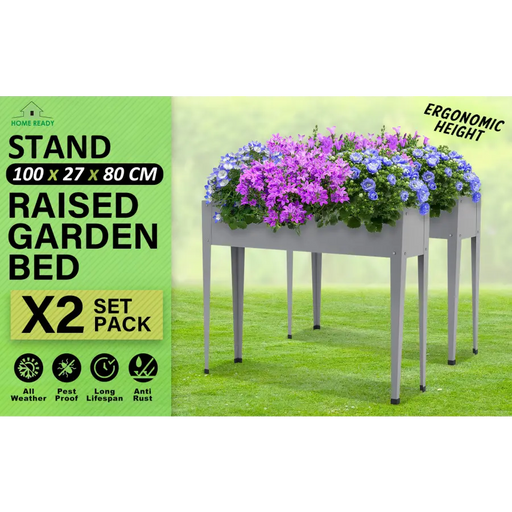 Home Ready 2 Set 100x27x80cm Grey Raised Garden Bed Stand Galvanised Steel Planter - Home & Garden > Garden Beds