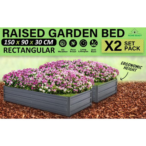 Home Ready 2 Set 150 x 90 x 30cm Grey Raised Garden Bed Galvanised Steel Planter - Home & Garden > Garden Beds