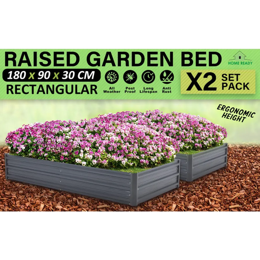 Home Ready 2 Set 180 x 90 x 30cm Grey Raised Garden Bed Galvanised Steel Planter - Home & Garden > Garden Beds