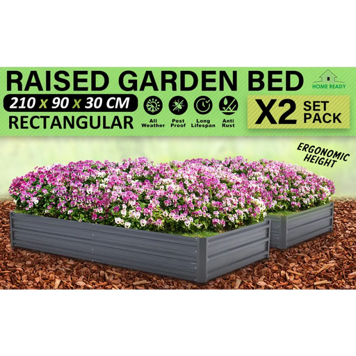 Home Ready 2 Set 210 x 90 x 30cm Grey Raised Garden Bed Galvanised Steel Planter - Home & Garden > Garden Beds