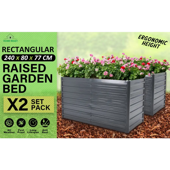 Home Ready 2 Set 240 x 80 x 77cm Grey 2-in-1 Raised Garden Bed Galvanised Steel Planter - Home & Garden > Garden Beds