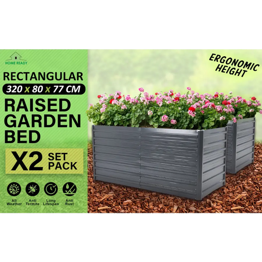 Home Ready 2 Set 320 x 80 x 77cm Grey 2-in-1 Raised Garden Bed Galvanised Steel Planter - Home & Garden > Garden Beds