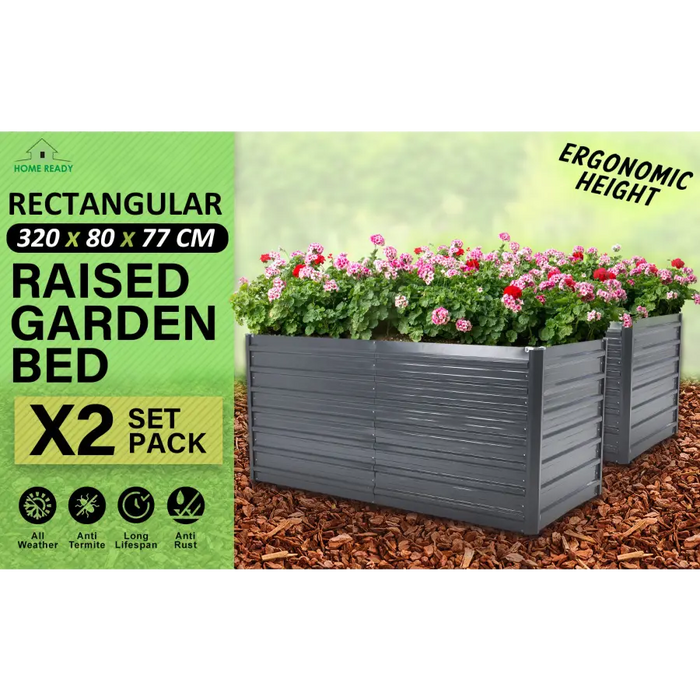 Home Ready 2 Set 320 x 80 x 77cm Grey 2-in-1 Raised Garden Bed Galvanised Steel Planter - Home & Garden > Garden Beds